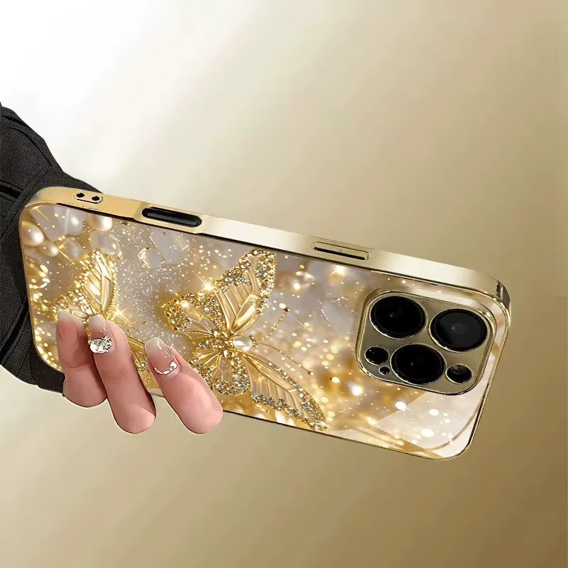Goldene iPhone Handyhülle aus gehärtetem Glas mit Schmetterlings-Perlenmuster für Apple iPhone 11 bis 17 Pro Max Air Plus - Bild 3