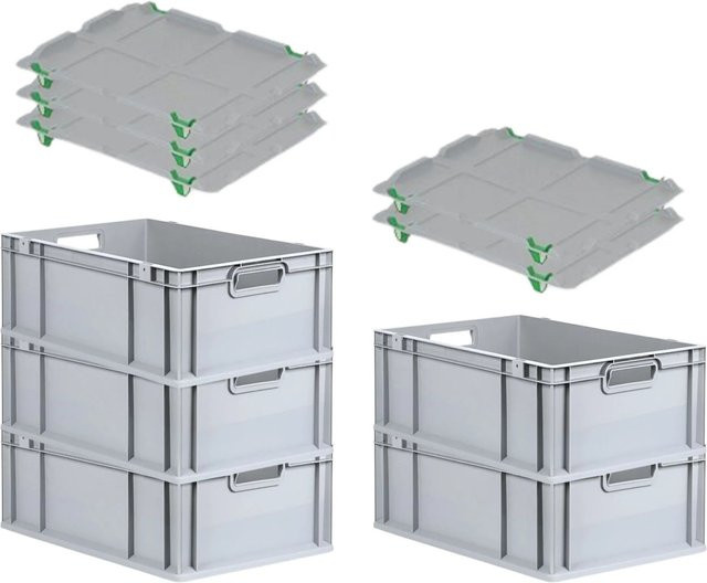 PROREGAL SparSet 5x Eurobox NextGen Grip mit Auflagedeckel und 4 grünen Schiebeschnappverschlüssen, Grau, H x B x T: 22 x 40 x 60 cm - Bild 1
