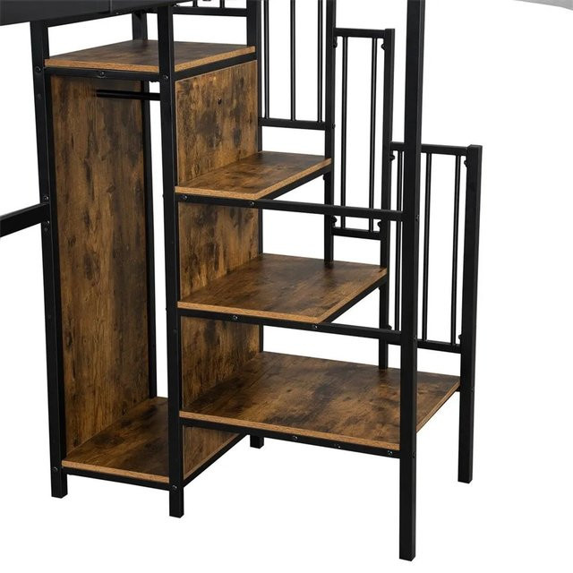 KOMHTOM Etagenbett für Kinder aus Eisen und Spanplatte mit Tisch, Kleiderschrank und Seitenleiter, Schwarz und Holzfarbe, B/T/H: 200 x 90 x 170 cm - Bild 1