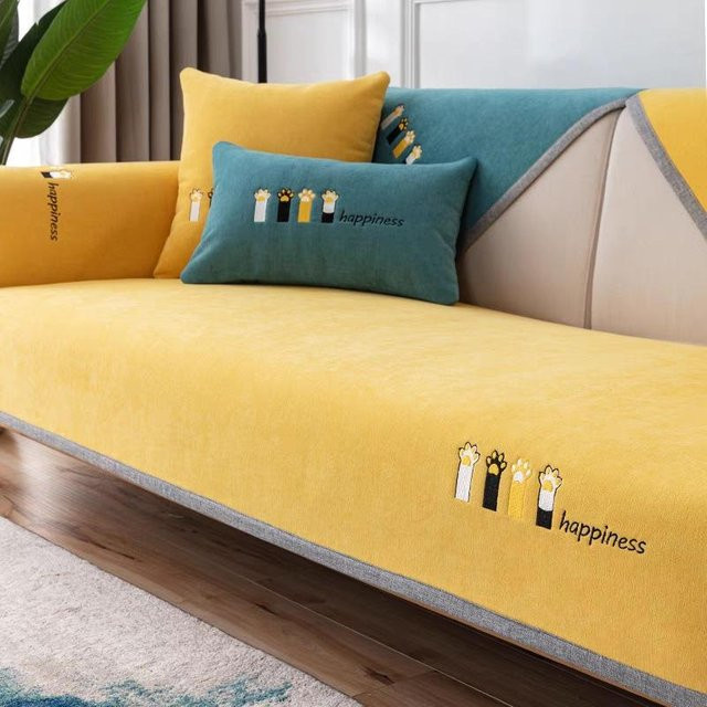 Universeller Sofabezug aus weichem Chenille von Super Six in Gelb, rutschfester und kratzfester Couchbezug mit Stickerei, Breite: 90 cm, Tiefe: 70 cm - Bild 1