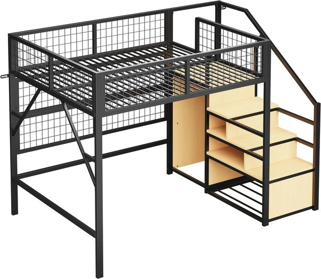 Merax Hochbett für Kinderzimmer mit LED-Unterbettbeleuchtung, Treppe mit Stauraum und Seitenfächern, Schwarz, B/T/H: 200 x 140 x 170 cm - Bild 1