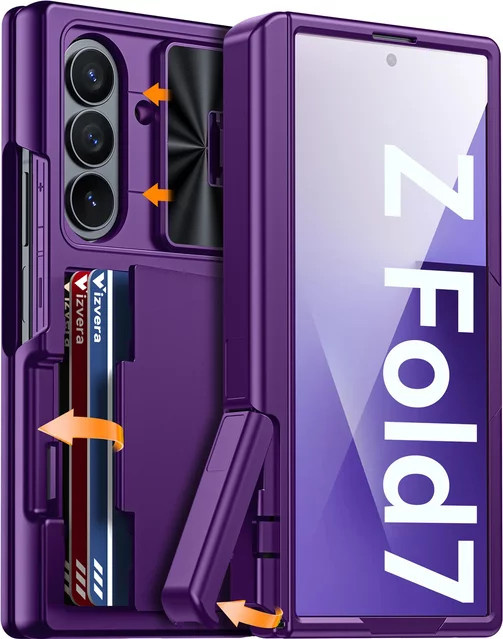 BANGZAO Handyhülle für Samsung Galaxy Fold 7 mit RFID-Kartenhalter, verstecktem Ständer und Kameraabdeckung, stoßfeste Silikon-Wallet-Hülle in Lila - Bild 1