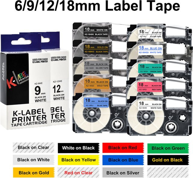 Etikettenband kompatibel mit Casio KL-120 KL-60 XR-12WE XR-9WE XR-18WE XR-6WE XR-9X XR-9YW, Thermoband für Labeldruck, erhältlich in 6/9/12/18mm, Farben: Schwarz, Silber, Multicolour - Bild 1