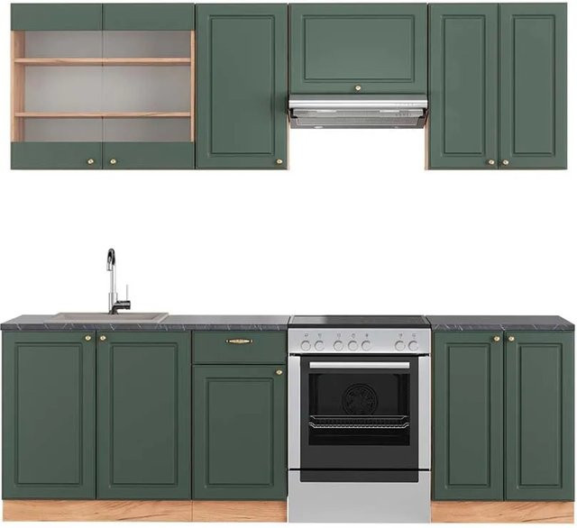 Vicco Fame-Line Küchenschränke im Landhausstil in Grün, Gold und Anthrazit mit Eiche-Optik, Breite: 240 cm - Bild 1