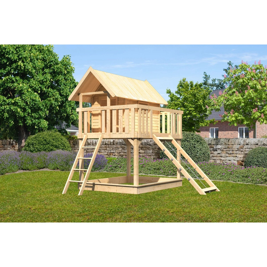 Karibu Stelzenhaus Fidel mit Netzrampe in Natur-Braun, B/H/T: 198 x 329,5 x 243 cm - Bild 2