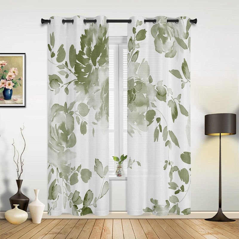 Super Six Fenstervorhänge mit Aquarellblumen in Salbeigrün und Grau, moderne halbtransparente Vorhangpaneele mit Ösen, Breite: 135 cm, Höhe: 60 cm - Bild 4