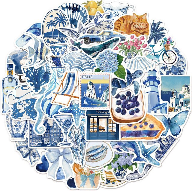 Charile Ästhetische Mittelmeer Aufkleber in Blau, Wasserdichte Cartoon Aufkleber für Scrapbooking und DIY-Projekte - Bild 1