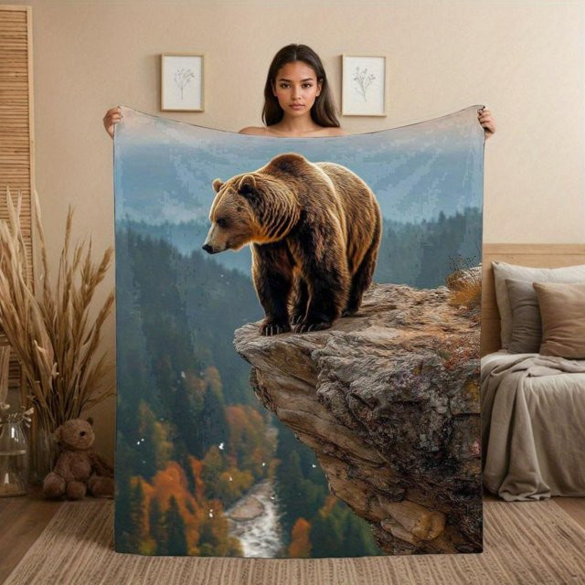 JMG Household Supplies Fleece Überwurf Grizzlybär Bergdecke mit Herbstwaldansicht, B/B: 130 x 150 cm, Braun und Mehrfarbig - Bild 1