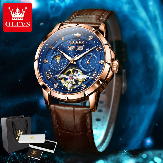 OLEVS Armbanduhr, mechanisch, Schwarz, Bicolor, Edelstahl, Leder, Herren - Bild 1