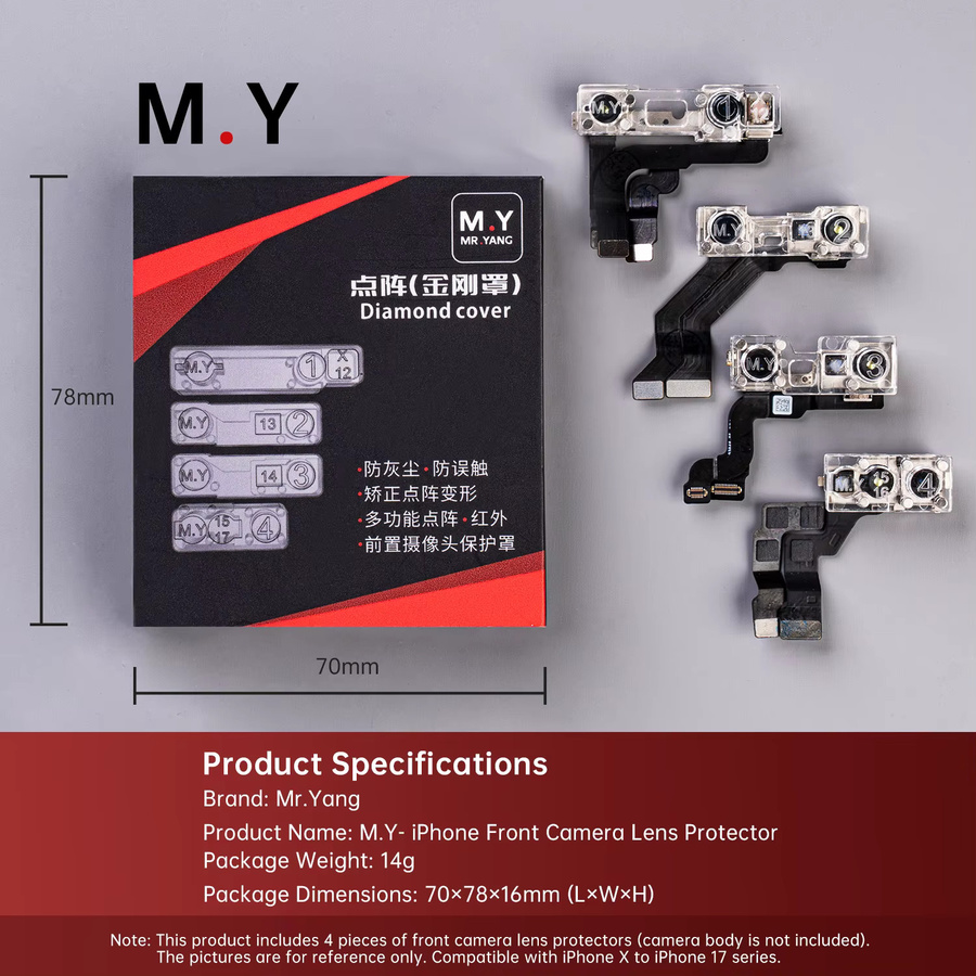 YCS M.Y iPhone Frontkamera-Schutzabdeckung Set mit 4 Stück für iPhone X bis iPhone 17 Pro Max in Transparent für Dot-Matrix Infrarot-Reparaturen - Bild 4