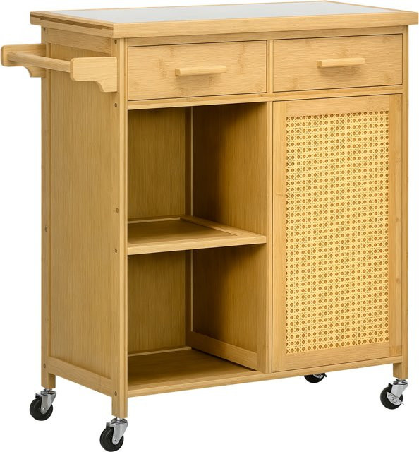 HOMCOM Küchenwagen aus Bambus und Rattan in Beige und Braun mit Schublade und Schrank im Boho-Chic, B/T/H: 84 x 36 x 85 cm - Bild 1