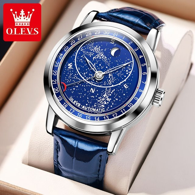 OLEVS Armbanduhr Automatik, Mondphase, Blau, Edelstahl, Leder, Herren - Bild 1