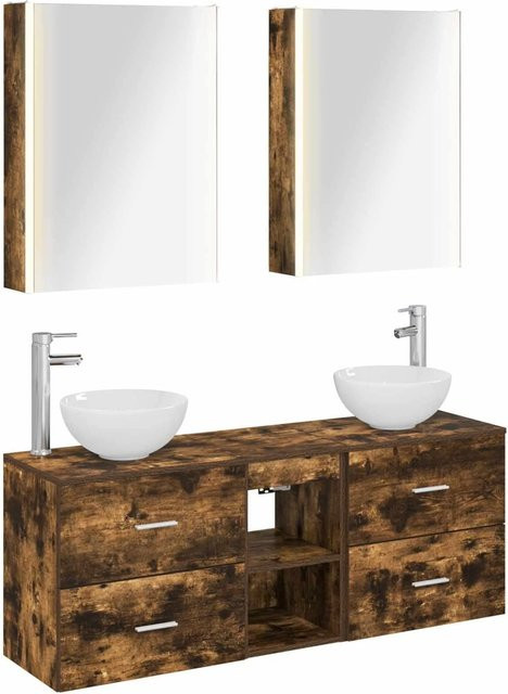 vidaXL Badezimmerschrank-Set aus geräuchertem Eichenholz in Braun, 5-teiliges Set mit Waschtischunterschrank und Spiegelschrank mit LED-Beleuchtung, B/T/H: 53 x 15,5 x 70 cm - Bild 1