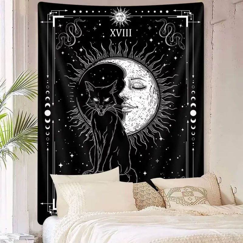 VIKAMA Mond-Tarot-Wandteppich mit schwarzer Katze und Stern-Mond-Muster in Schwarz, Wanddekoration für Wohnzimmer und Schlafzimmer - Bild 3