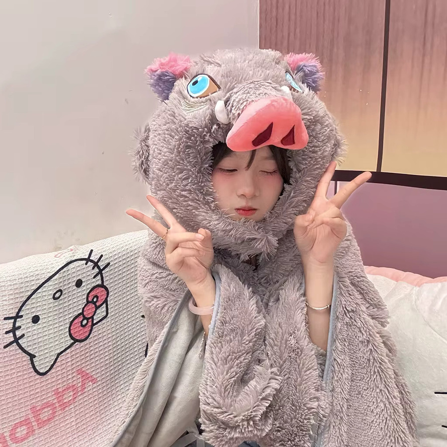 Demon Slayer Cosplay Wildschwein Kapuzen-Decke aus grauem Flanell - Bild 2