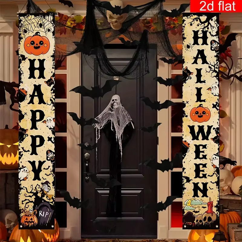 VIKAMA Halloween Banner Dekoration für Outdoor und Indoor mit Vintage Kürbis und Hexe, Mehrfarbig, B/H: 30 x 180 cm - Bild 3