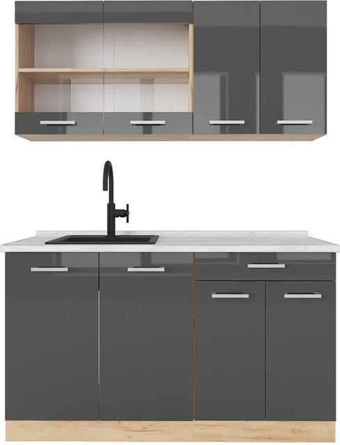 Vicco R-Line Singleküche Anthrazit Hochglanz und Goldkraft Eiche mit Marmor-Arbeitsplatte Breite: 140 cm - Bild 1