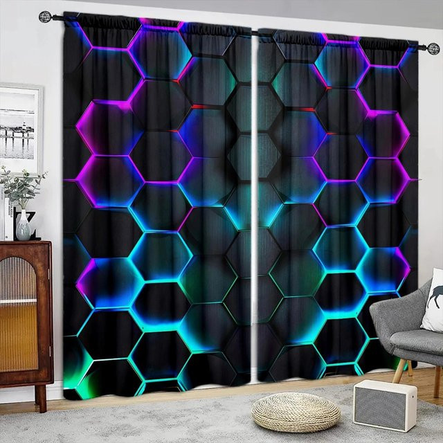 Futurismus Sechseckige Kunst Vorhang Set aus 2 Stück, Mehrfarbig, halbtransparent, Polyester, Breite: 107 cm, Höhe: 213 cm - Bild 1