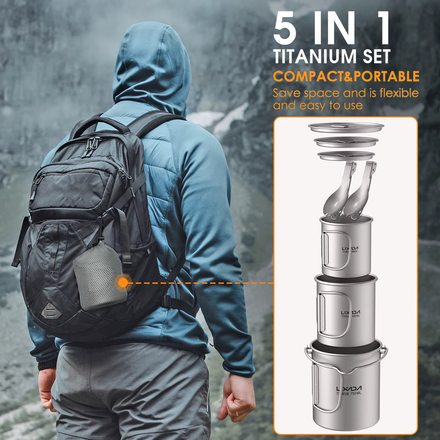 Titan-Camping-Geschirrset in Silber mit Topf, Wasserbecher mit Deckel und zusammenklappbarem Gabel, 750 ml - Bild 3