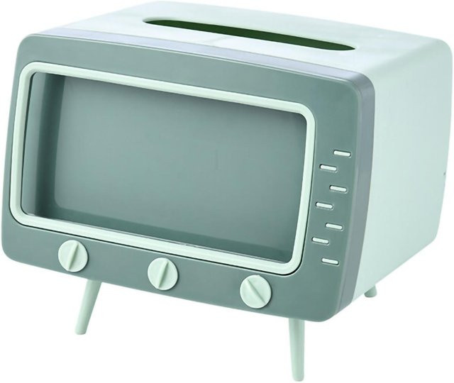 Multifunktionale Taschentuchaufbewahrungsbox von OutsideWorld in TV-Form mit Handyhalterung und Regal, Weiß Grau Grün - Bild 1