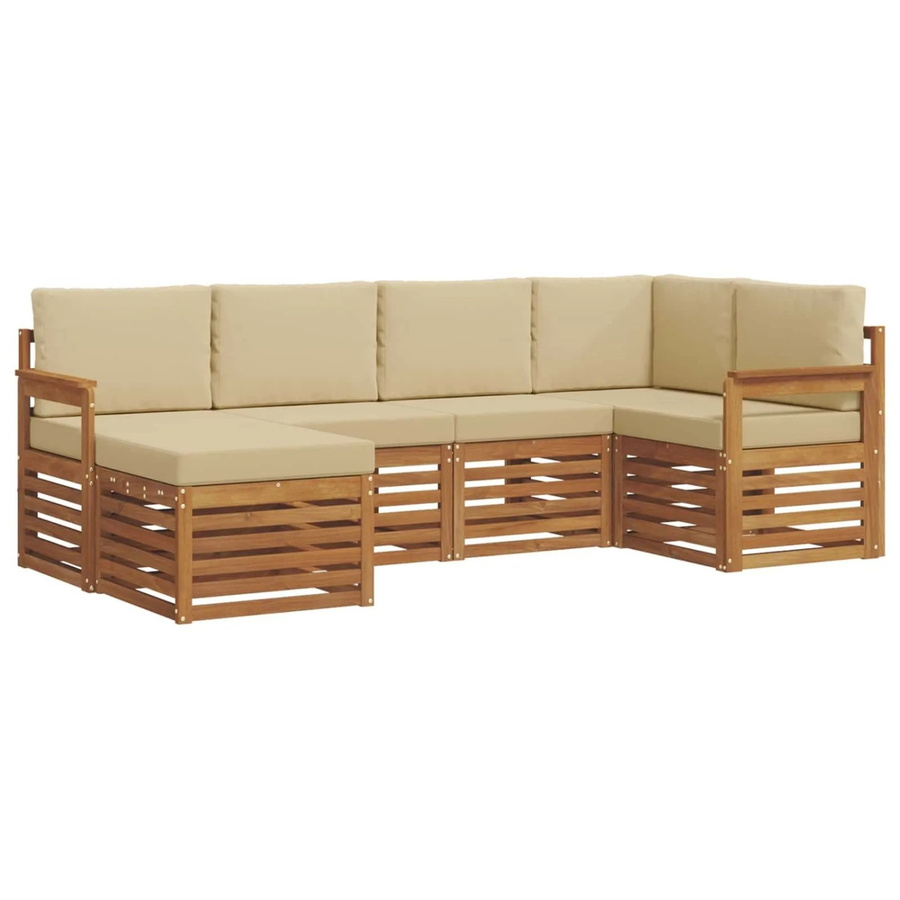 vidaXL Sofagarnitur 6-teilig L-Form aus Massivholz Akazie in Natur und Beige mit Polsterung und Kissen - Bild 2