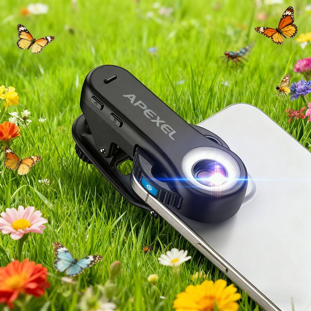 APEXEL 3-in-1 Mikroskop-Objektivset mit LED-Licht und Universalclip für iPhone 17, iPhone 16 Pro Max und Android-Smartphones, Schwarz, 40X/80X/120X Vergrößerung - Bild 1