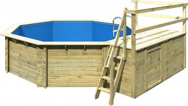 Karibu Achteck Aufstellpool Modell 2 mit zwei Sonnenterrassen, Filteranlage und Skimmer, Blau/Grau, B/T: 470 x 470 cm - Bild 3