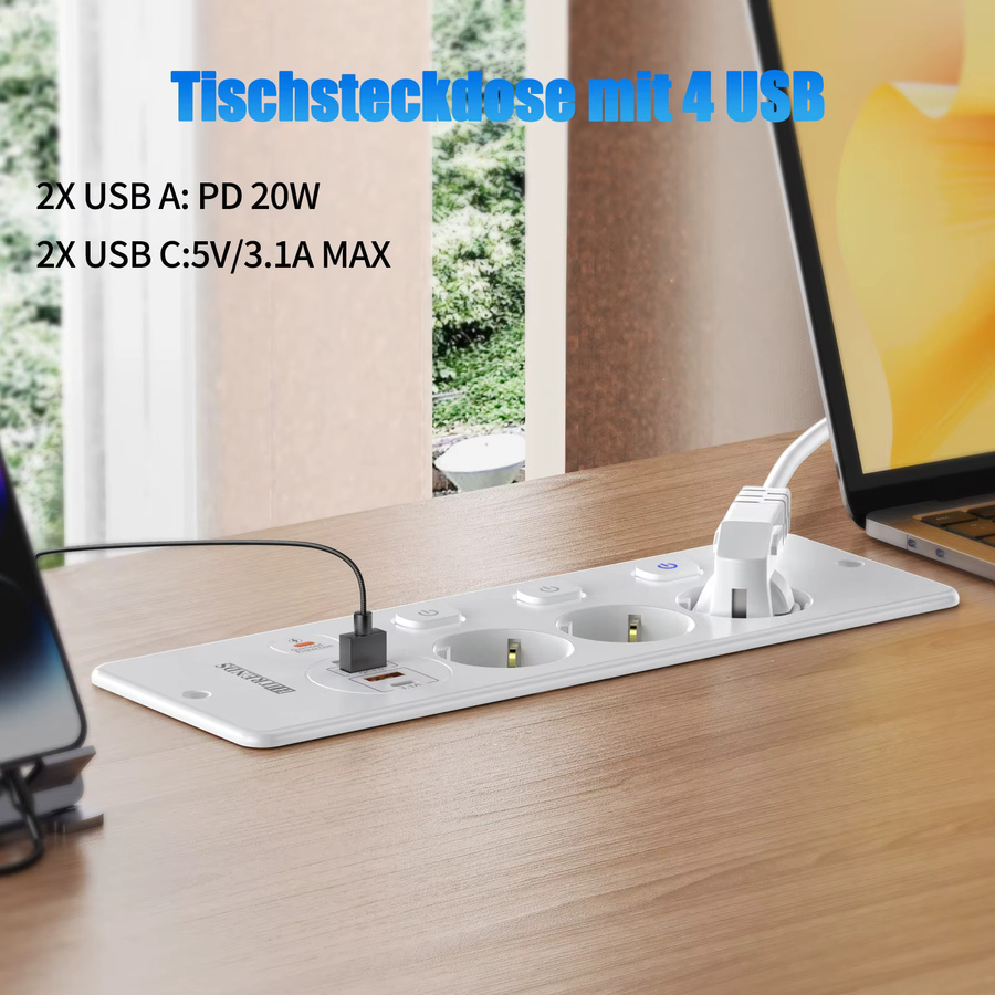 HITRENDS Desktop-Einbausteckdose mit USB-C Schnellladung und unabhängigem Schalter in Weiß - Bild 2