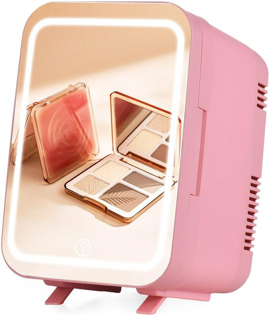 Aoresac Mini-Kühlschrank mit 4 l Fassungsvermögen, tragbarer Thermo-Kühler und Wärmer in Rosa mit dimmbarem LED-Spiegel - Bild 1