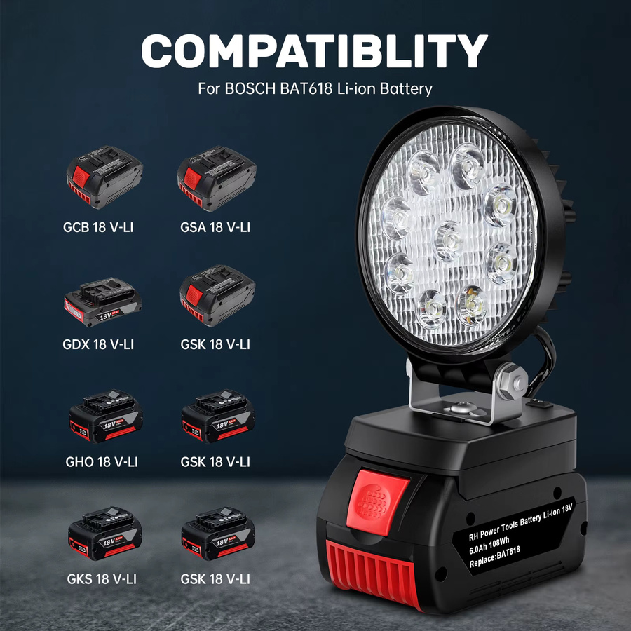 Turpow LED Arbeitsleuchte 27W für Bosch BAT618 18V Li-Ion Akku, Schwarz - Bild 4