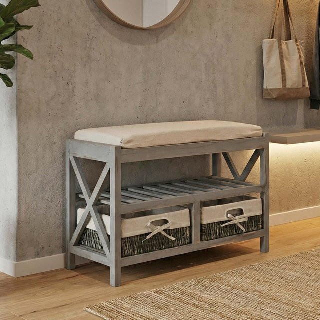 MCW Schuhregal C48 Sitzbank im Shabby-Look Vintage, Grau, B: 65 cm, H: 45 cm, T: 34 cm - Bild 1