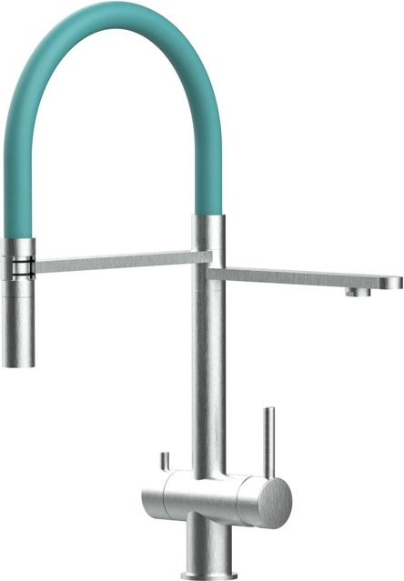 VIZIO Küchenarmatur aus Edelstahl mit 3-Wege-Funktion, 360 Grad schwenkbarem Auslauf und abnehmbarer 2-Strahl Handbrause, gebürstet, Türkis/Silber - Bild 1