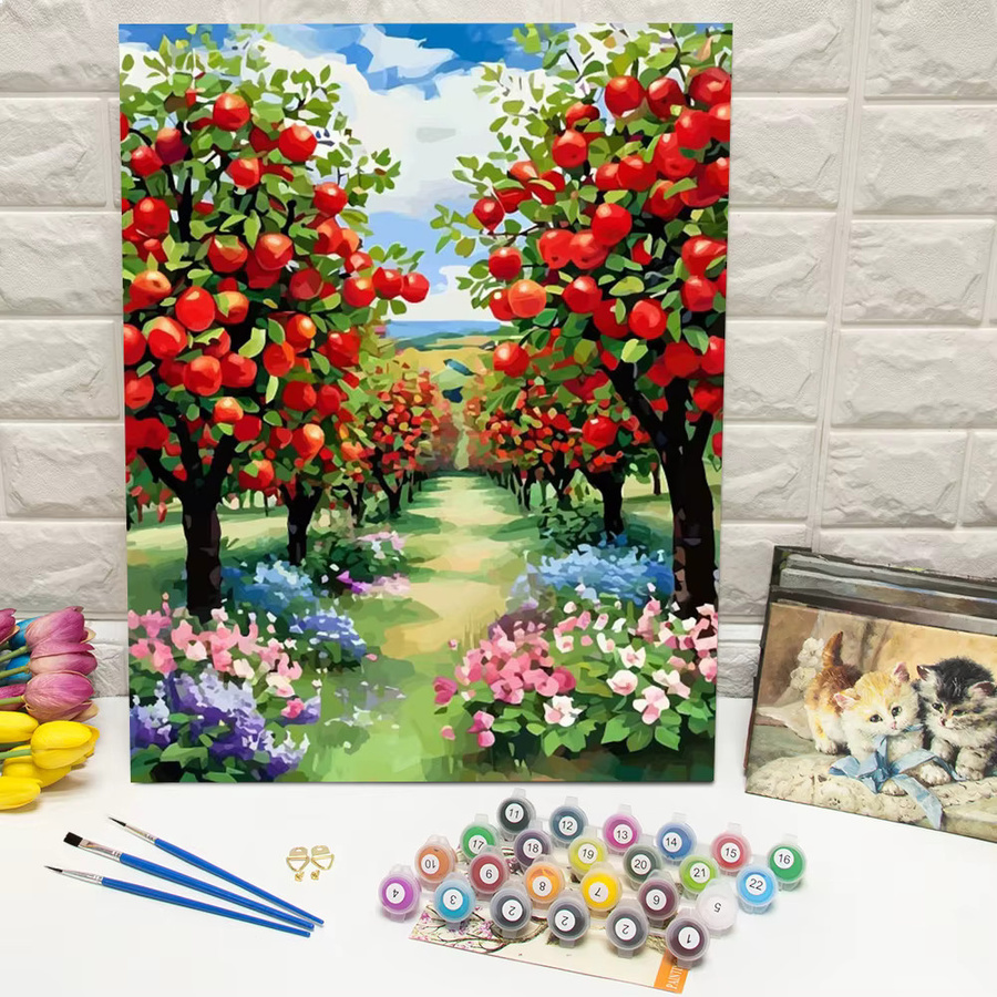 Huacan Malen nach Zahlen Set Apfelbaum Blumen-Landschaft Digitales Ölgemälde in Multicolour - Bild 3