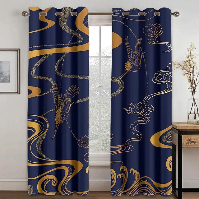 Yiran Furniture Verdunkelungsvorhang im Japanischen Stil mit Kran, Welle und Berg Motiv in Rot und Blau, 2 Paneele, B: 55 cm, H: 120 cm - Bild 1