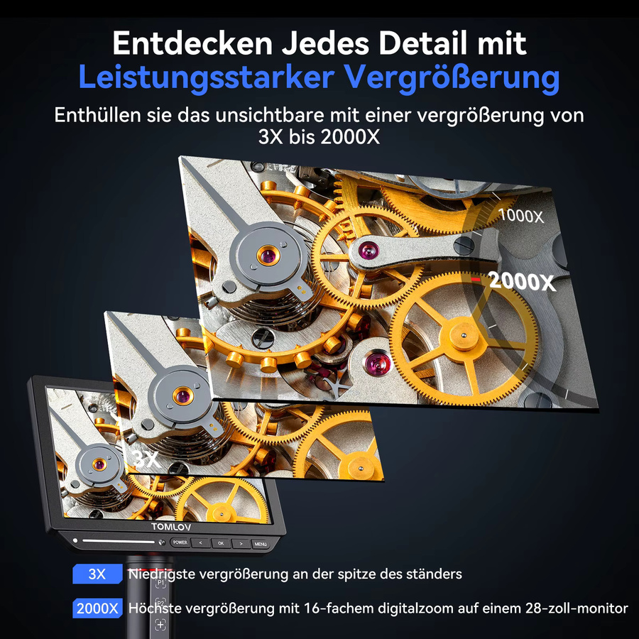 TOMLOV 4K Digitalmikroskop TM4K-AF mit Autofokus, 2000-fache Vergrößerung, 8-Zoll-Display, HDMI und flexiblem Armständer, Farbe: Schwarz - Bild 4