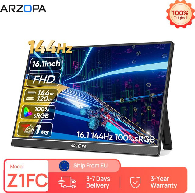ARZOPA Tragbarer Monitor 16,1 Zoll, 144Hz, Full HD 1080P, IPS-Display, 100% sRGB, Schwarz - Bild 1