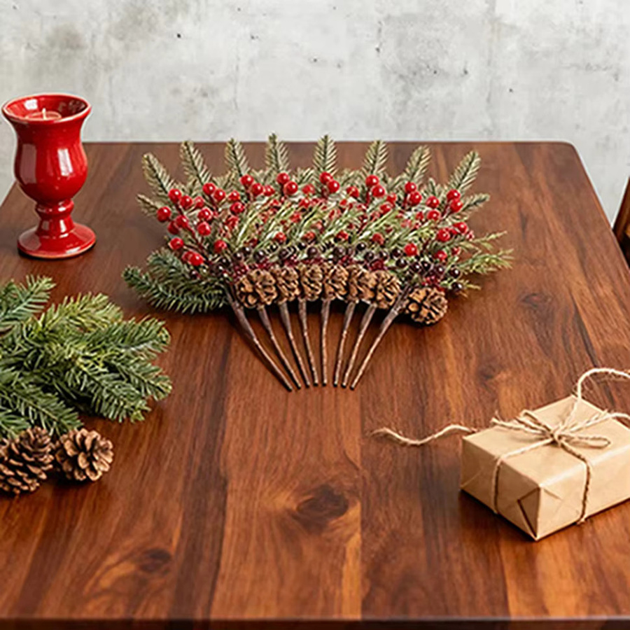 XIAOYINMO Künstliche Pflanzen mit roten Früchten als Dekorationszweige für Weihnachten, Neujahr, Hochzeiten oder den Garten in Rot - Bild 6