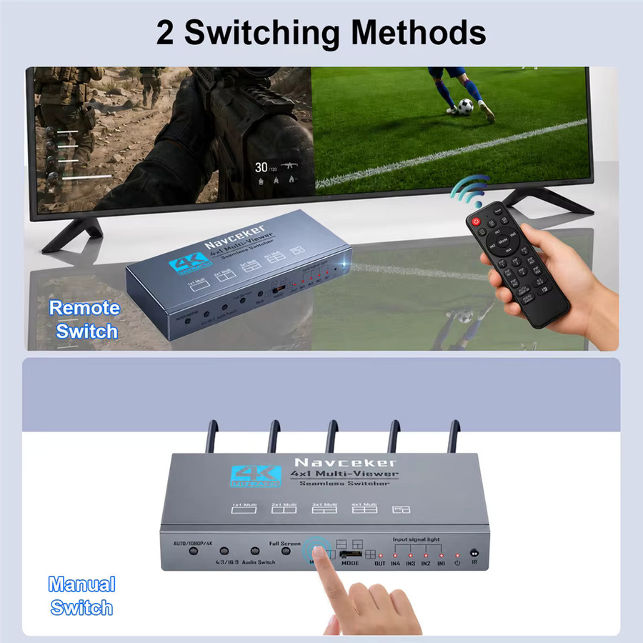 Navceker 4K HDMI Quad-Screen Multiviewer 4-in-1-Out mit PIP-Funktion für Kamera, Laptop, PC und TV - Bild 5