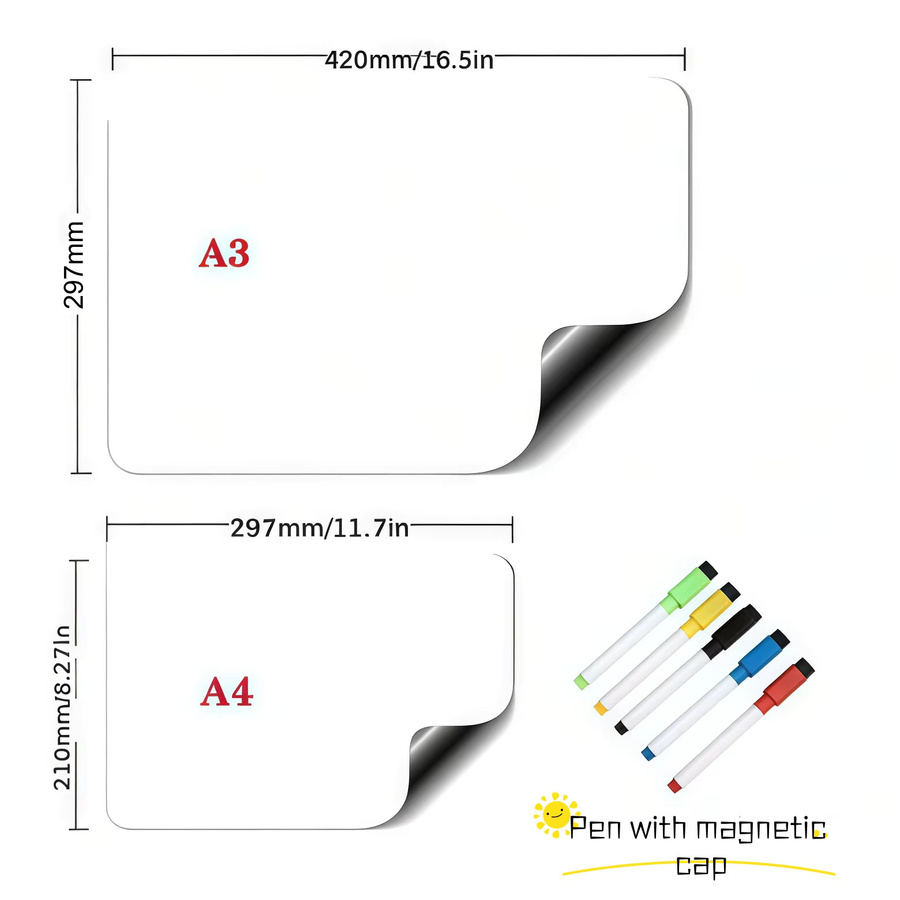 Magnetisches Whiteboard in A3 und A4 für den Kühlschrank inklusive Markern, flexibles und abwischbares Notizblatt für Einkaufslisten und Notizen, Farbe: Weiß - Bild 2