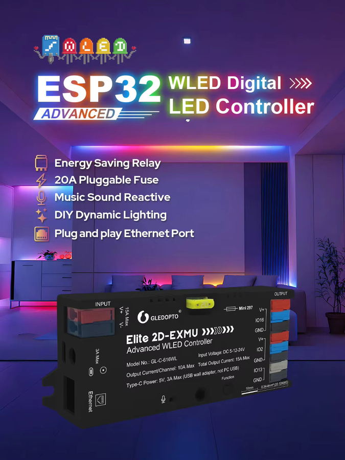 CENFAYA ESP32 WLED LED-Streifen-Controller mit Ethernet und Musik-Sound-Funktion, Schwarz, für WS2812 RGBIC digital adressierbare LED-Streifen - Bild 1
