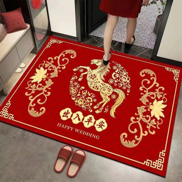 Rutschfeste Neujahrs-Pferde-Türmatte in Rot-Gold für Wohnzimmer und Küche - Bild 1