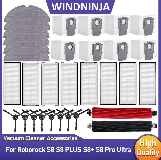WINDNINJA Ersatzteil-Set für Roborock S8 S8+ S8 Pro Ultra inklusive HEPA-Filter, Haupt- und Seitenbürsten, Wischtücher und Staubbeutel aus Kunststoff - Bild 1