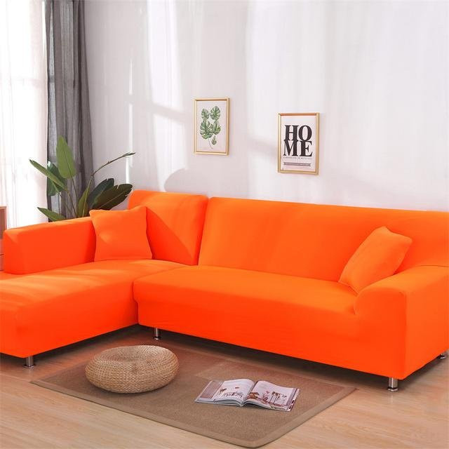 Einfarbige Ecksofa-Abdeckung für L-Form Sofas und Chaiselongues in Orange, elastischer Schutzbezug aus Polyester-Elastan, Breite: 90-140 cm - Bild 1