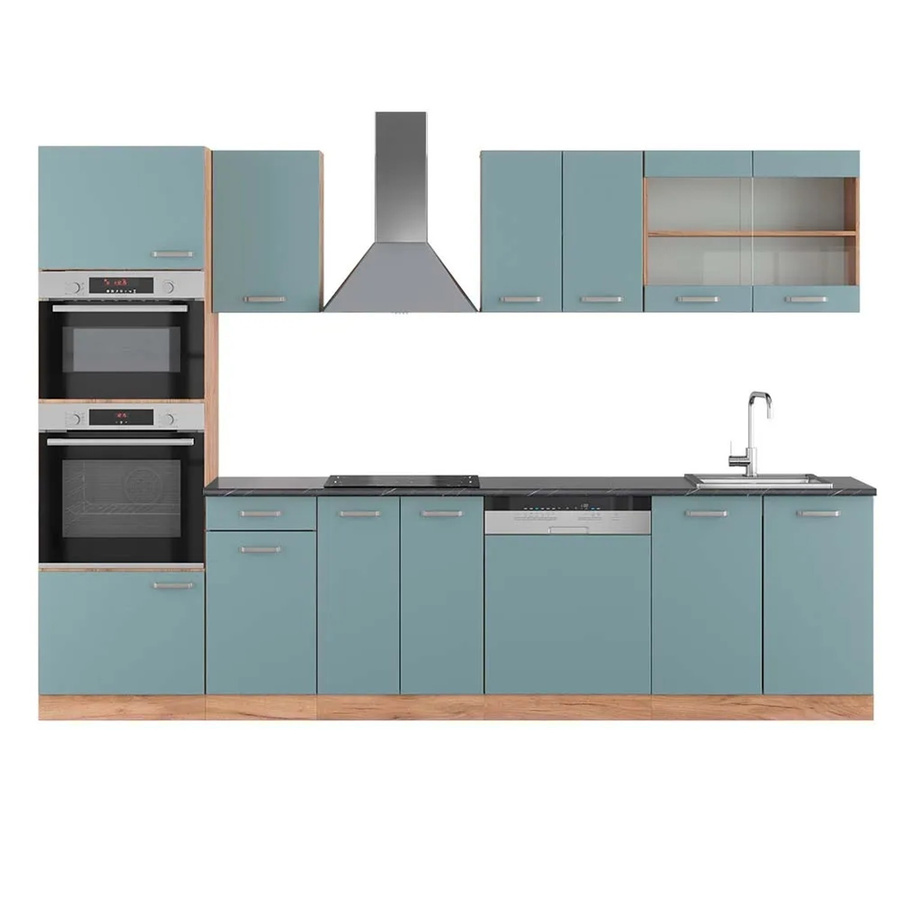 Vicco R-Line Küchenzeile Blau-Grau Goldkraft Eiche mit Hochschrank Anthrazit, Breite: 300 cm - Bild 2