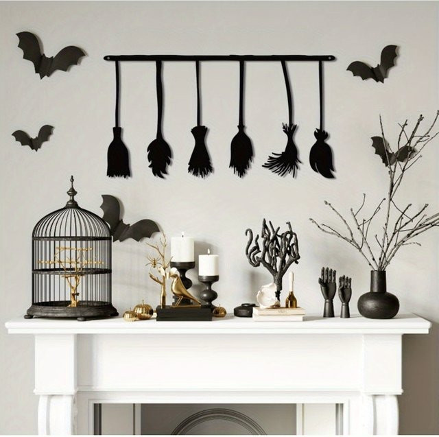Hallo Witches Halloween-Wanddekoration aus schwarzem Metall mit Hexenbesen und Typografie - Bild 1