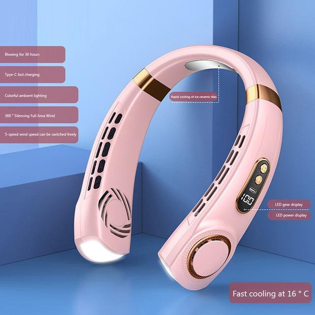 Tragbarer Halsventilator Aloisia 2. Generation mit Eiskeramik, 5 Geschwindigkeiten, LED-Digitalanzeige und Taschenlampe, Rosa - Bild 1