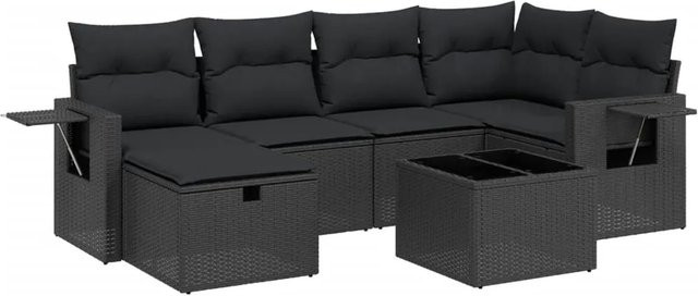 vidaXL 7-tlg Garten-Sofagarnitur in L-Form aus Poly-Rattan in Schwarz mit Kissen und Armlehnen - Bild 1