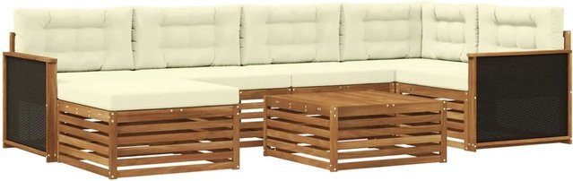 vidaXL Outdoor-Sofagarnitur L-Form aus Akazienholz mit 7 Kissen in Natur und Creme - Bild 1