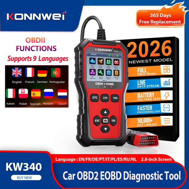KONNWEi KW340 OBD2 EOBD Diagnosetool für Auto mit Motor- und Batterie-Test sowie Echtzeit-Daten und O2-Inspektion - Bild 1