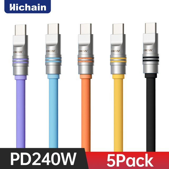 Hichain 5er Pack USB C Schnellladekabel 240W aus weichem Silikon Typ C auf C in Schwarz, Länge: 1,2 m - Bild 1